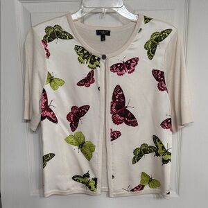 Talbots White Button Down Shirt with Butterfly Print Petite Small